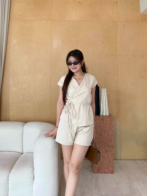 Summer Casual Wrap Tie Tops With Short Sets